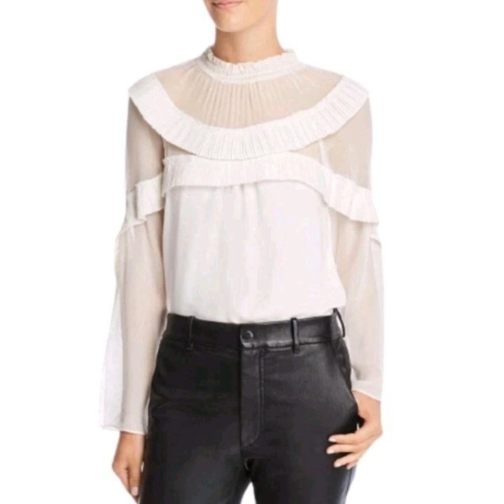 Ramy Brook Blake Top Long‎ Sleeve Ivory Ruffle Pleated Neck  Size XS $225